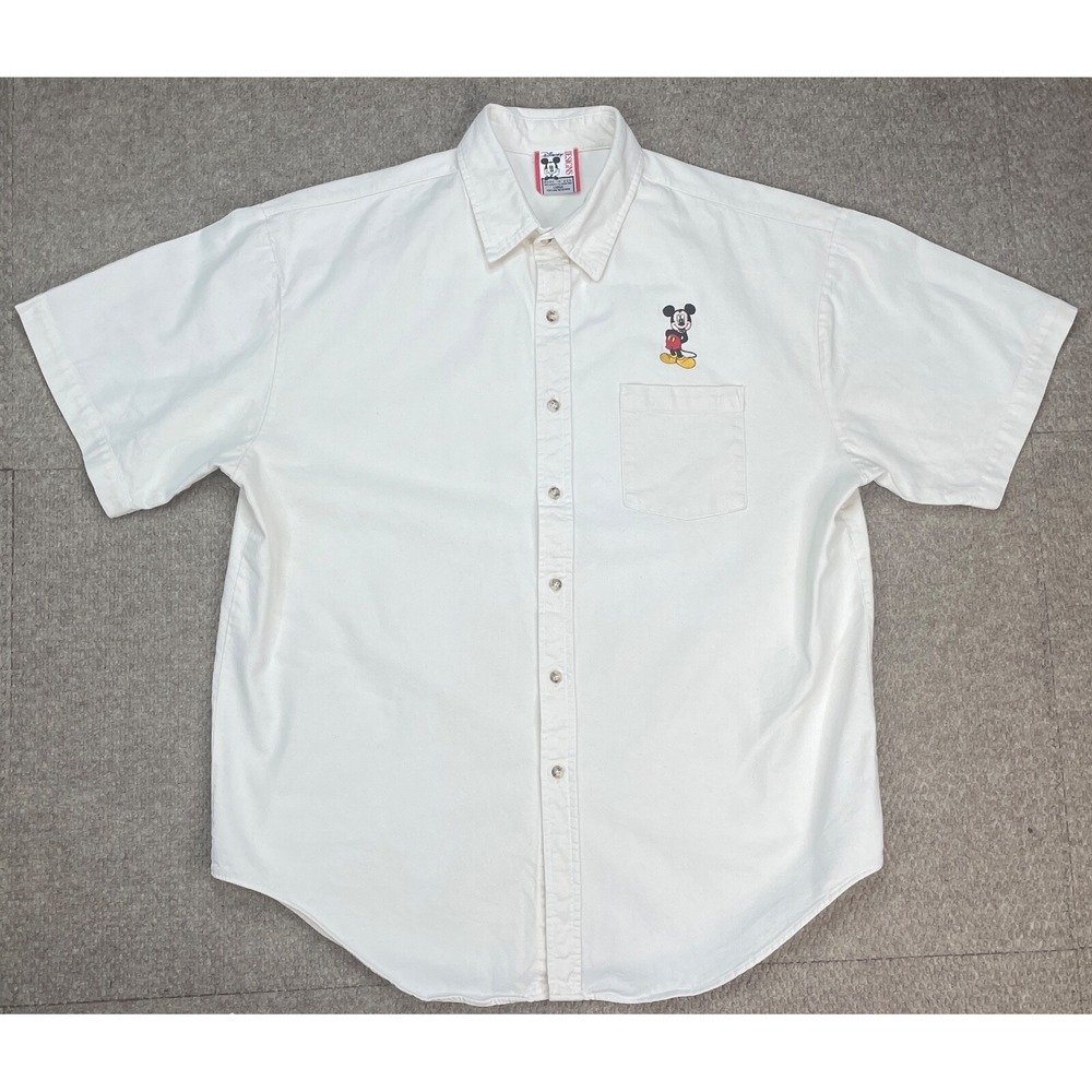 Disney Designs Mickey Mouse White Denim Vtg Men's Short Sleeve Shirt Size Large